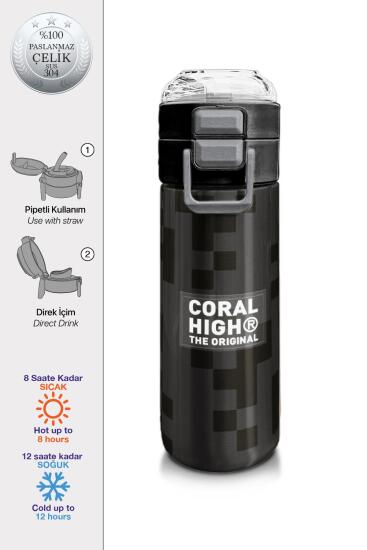 Coral High Kids Siyah Blok Desenli Pipetli ve Direkt İçim Çelik Termos 500 ml 31894 - Coral High KIDS