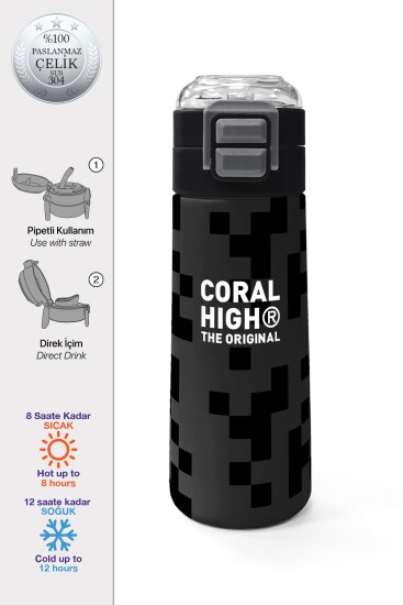 Coral High Kids Siyah Blok Desenli Pipetli ve Direkt İçim Çelik Termos 500 ml 31894 - Coral High KIDS