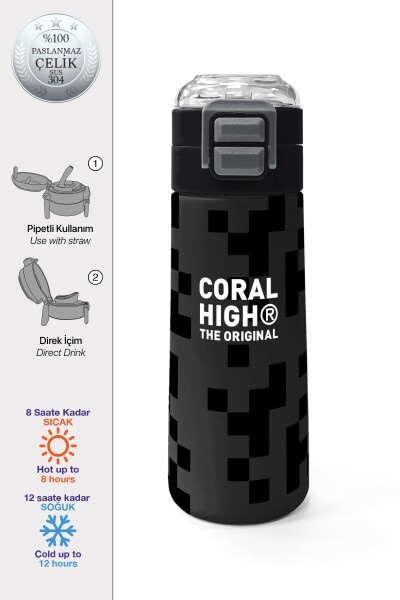 Coral High Kids Siyah Blok Desenli Pipetli ve Direkt İçim Çelik Termos 500 ml 31894 - 1