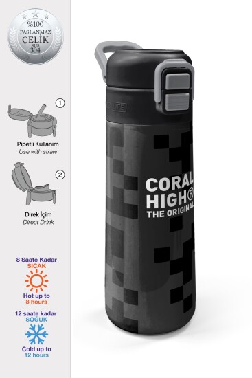 Coral High Kids Siyah Blok Desenli Pipetli ve Direkt İçim Çelik Termos 500 ml 31894 
