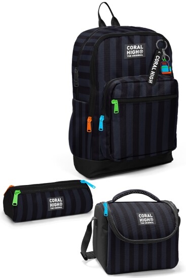 Coral High Kids Siyah Çizgi Desenli 3’lü Okul Çanta Seti SET0133218 - CORAL HIGH
