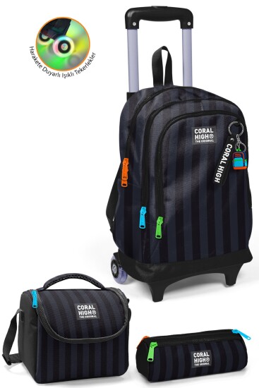 Coral High Kids Siyah Çizgili Desenli Çekçekli 3'lü Çanta Seti SET0134018 