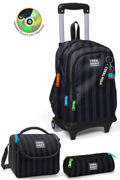 Coral High Kids Siyah Çizgili Desenli Çekçekli 3'lü Çanta Seti SET0134018 - 1
