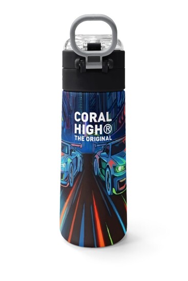 Coral High Kids Siyah Çok Renkli Yarış Arabası Desenli Pipetli ve Direkt İçim Çelik Termos 500 ml 38141 - 4