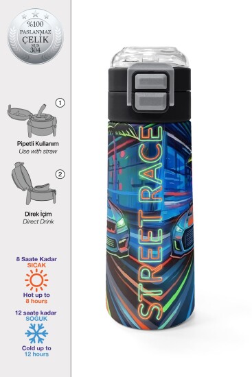 Coral High Kids Siyah Çok Renkli Yarış Arabası Desenli Pipetli ve Direkt İçim Çelik Termos 500 ml 38141 - 1