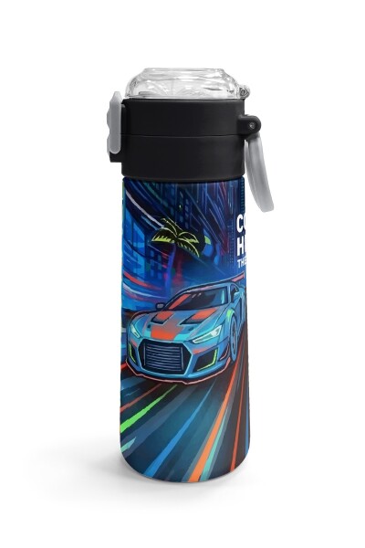 Coral High Kids Siyah Çok Renkli Yarış Arabası Desenli Pipetli ve Direkt İçim Çelik Termos 500 ml 38141 - 3