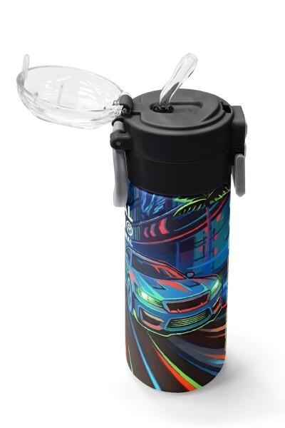 Coral High Kids Siyah Çok Renkli Yarış Arabası Desenli Pipetli ve Direkt İçim Çelik Termos 500 ml 38141 - 5