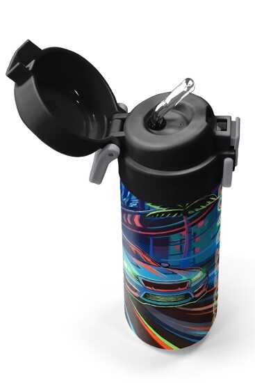 Coral High Kids Siyah Çok Renkli Yarış Arabası Desenli Pipetli ve Direkt İçim Çelik Termos 500 ml 38141 - 2