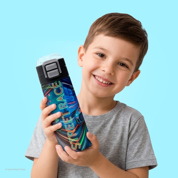Coral High Kids Siyah Çok Renkli Yarış Arabası Desenli Pipetli ve Direkt İçim Çelik Termos 500 ml 38141 - 4