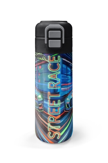 Coral High Kids Siyah Çok Renkli Yarış Arabası Desenli Pipetli ve Direkt İçim Çelik Termos 500 ml 38141 - 5
