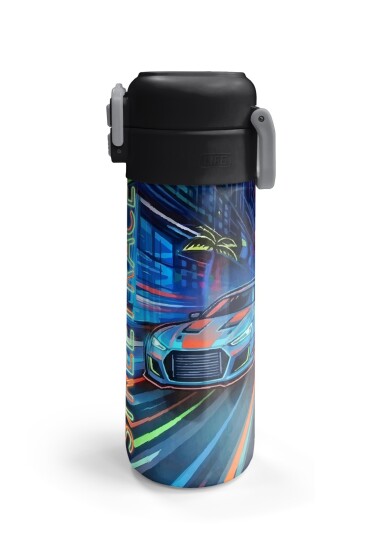 Coral High Kids Siyah Çok Renkli Yarış Arabası Desenli Pipetli ve Direkt İçim Çelik Termos 500 ml 38141 - 7