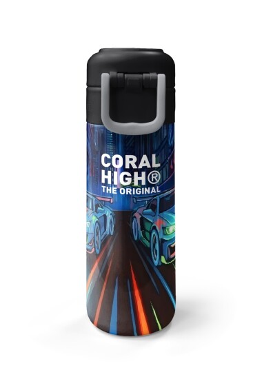 Coral High Kids Siyah Çok Renkli Yarış Arabası Desenli Pipetli ve Direkt İçim Çelik Termos 500 ml 38141 - 8