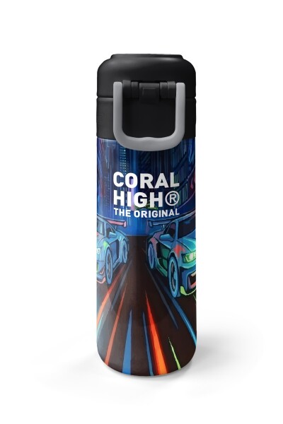 Coral High Kids Siyah Çok Renkli Yarış Arabası Desenli Pipetli ve Direkt İçim Çelik Termos 500 ml 38141 - 8