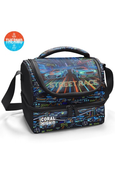 Coral High Kids Siyah Çok Renkli Yarış Arabası Desenli Thermo İki Katlı Beslenme Çantası 37210 - Coral High