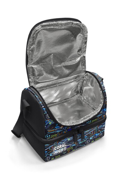 Coral High Kids Siyah Çok Renkli Yarış Arabası Desenli Thermo İki Katlı Beslenme Çantası 37210 - 3