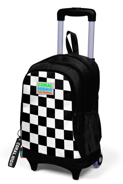 Coral High Kids Siyah Dama Desenli Üç Bölmeli Çekçekli Okul Sırt Çantası 23914 - 5