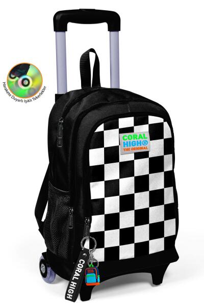 Coral High Kids Siyah Dama Desenli Üç Bölmeli Çekçekli Okul Sırt Çantası 23914 - 1