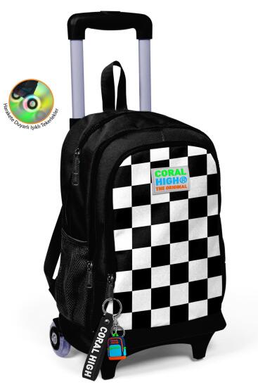 Coral High Kids Siyah Dama Desenli Üç Bölmeli Çekçekli Okul Sırt Çantası 23914 
