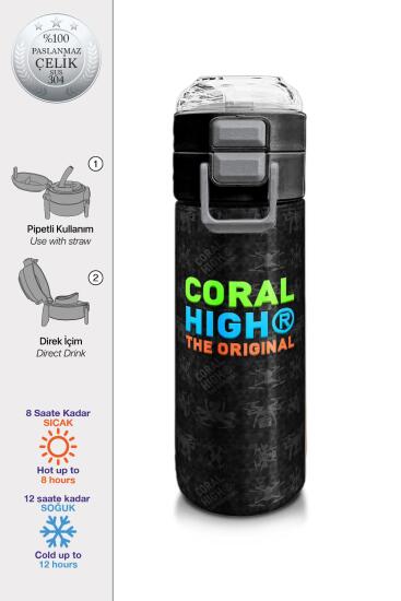 Coral High Kids Siyah Drone Desenli Pipetli ve Direkt İçim Çelik Termos 500 ml 31891 - Coral High KIDS
