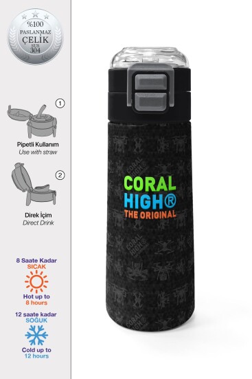 Coral High Kids Siyah Drone Desenli Pipetli ve Direkt İçim Çelik Termos 500 ml 31891 - Coral High KIDS