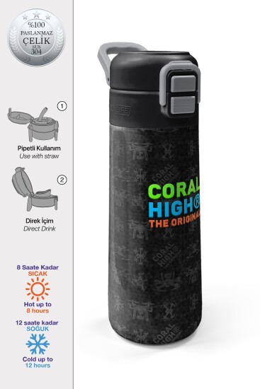 Coral High Kids Siyah Drone Desenli Pipetli ve Direkt İçim Çelik Termos 500 ml 31891 