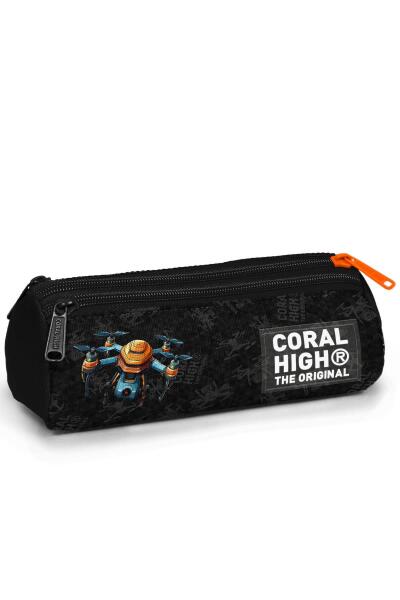 Coral High Kids Siyah Drone Desenli Üç Bölmeli Kalem Çantası 11191 - 1