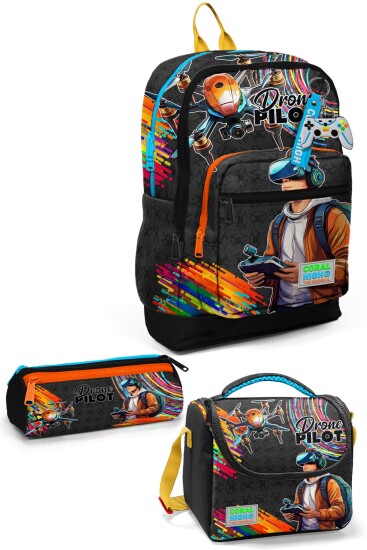 Coral High Kids Siyah Drone Pilot Desenli 3’lü Okul Çanta Seti SET0123780 