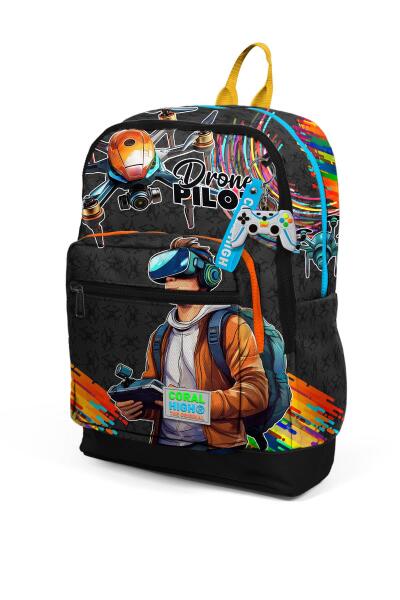 Coral High Kids Siyah Drone Pilot Desenli Dört Bölmeli Okul Sırt Çantası 23780 - 6