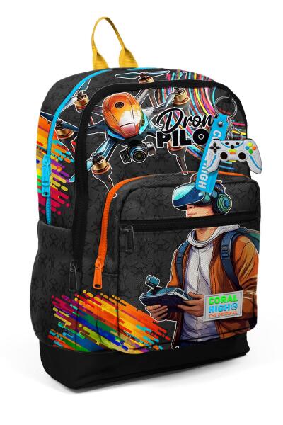 Coral High Kids Siyah Drone Pilot Desenli Dört Bölmeli Okul Sırt Çantası 23780 - 1