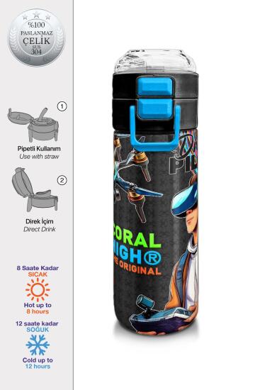 Coral High Kids Siyah Drone Pilot Desenli Pipetli ve Direkt İçim Çelik Termos 500 ml 31996 - Coral High KIDS