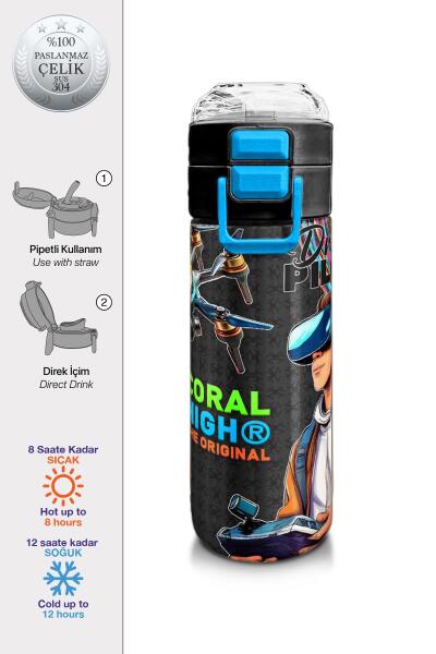 Coral High Kids Siyah Drone Pilot Desenli Pipetli ve Direkt İçim Çelik Termos 500 ml 31996 - 1