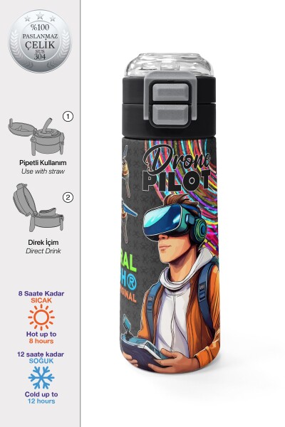 Coral High Kids Siyah Drone Pilot Desenli Pipetli ve Direkt İçim Çelik Termos 500 ml 31996 - 1