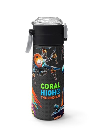 Coral High Kids Siyah Drone Pilot Desenli Pipetli ve Direkt İçim Çelik Termos 500 ml 31996 - 2