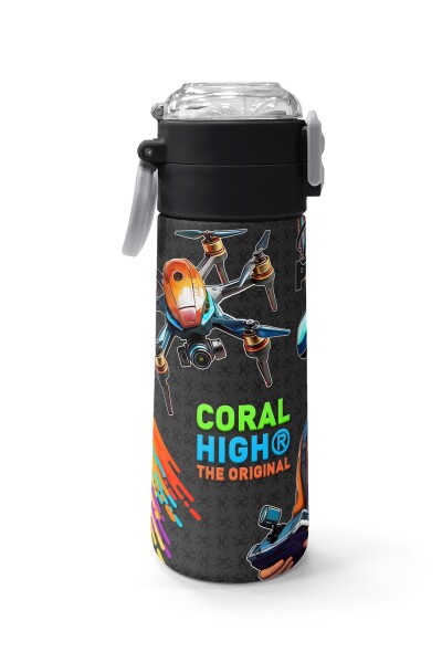 Coral High Kids Siyah Drone Pilot Desenli Pipetli ve Direkt İçim Çelik Termos 500 ml 31996 - 2