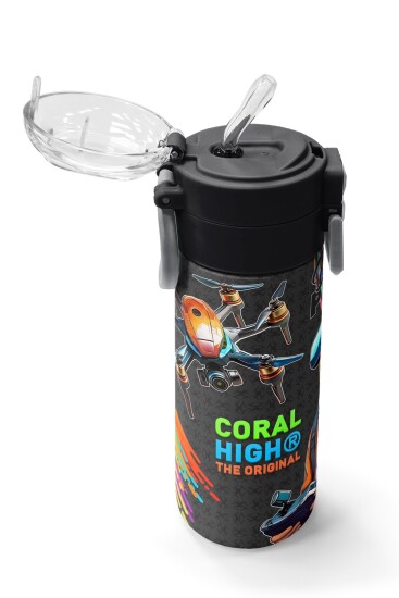 Coral High Kids Siyah Drone Pilot Desenli Pipetli ve Direkt İçim Çelik Termos 500 ml 31996 - 5