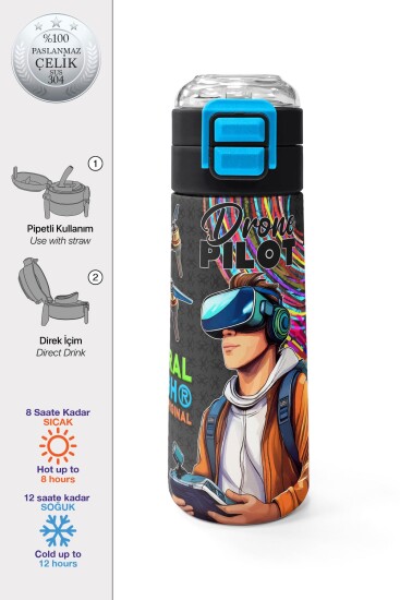 Coral High Kids Siyah Drone Pilot Desenli Pipetli ve Direkt İçim Çelik Termos 500 ml 31996 