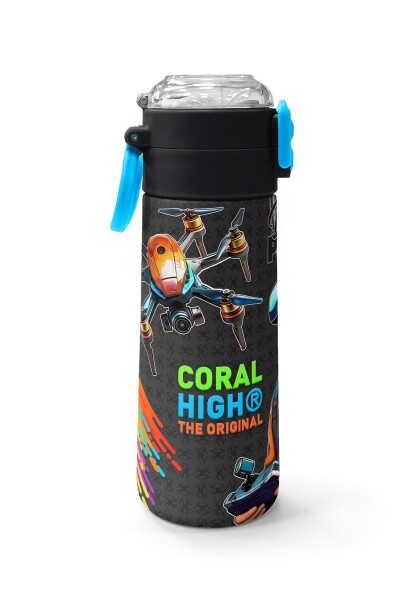Coral High Kids Siyah Drone Pilot Desenli Pipetli ve Direkt İçim Çelik Termos 500 ml 31996 - 2