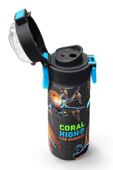 Coral High Kids Siyah Drone Pilot Desenli Pipetli ve Direkt İçim Çelik Termos 500 ml 31996 - 6