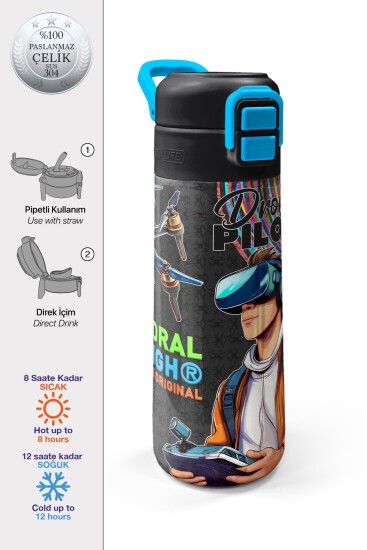 Coral High Kids Siyah Drone Pilot Desenli Pipetli ve Direkt İçim Çelik Termos 500 ml 31996 