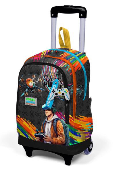 Coral High Kids Siyah Drone Pilot Desenli Üç Bölmeli Çekçekli Okul Sırt Çantası 23980 - 6