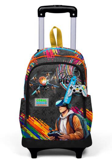 Coral High Kids Siyah Drone Pilot Desenli Üç Bölmeli Çekçekli Okul Sırt Çantası 23980 - 8