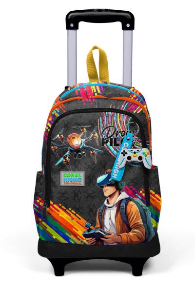 Coral High Kids Siyah Drone Pilot Desenli Üç Bölmeli Çekçekli Okul Sırt Çantası 23980 - 8