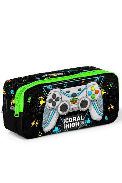 Coral High Kids Siyah Fosforlu Yeşil Gamer Desenli İki Bölmeli Kalem Çantası 12087 - 1