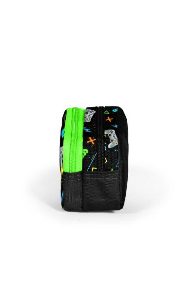 Coral High Kids Siyah Fosforlu Yeşil Gamer Desenli İki Bölmeli Kalem Çantası 12087 - 2