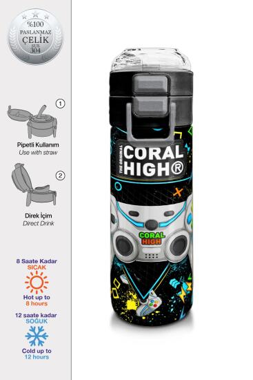 Coral High Kids Siyah Fosforlu Yeşil Gamer Desenli Pipetli ve Direkt İçim Çelik Termos 500 ml 31817 - Coral High KIDS