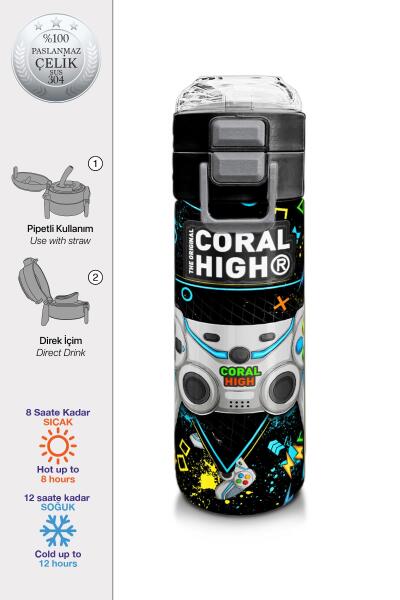 Coral High Kids Siyah Fosforlu Yeşil Gamer Desenli Pipetli ve Direkt İçim Çelik Termos 500 ml 31817 - 1