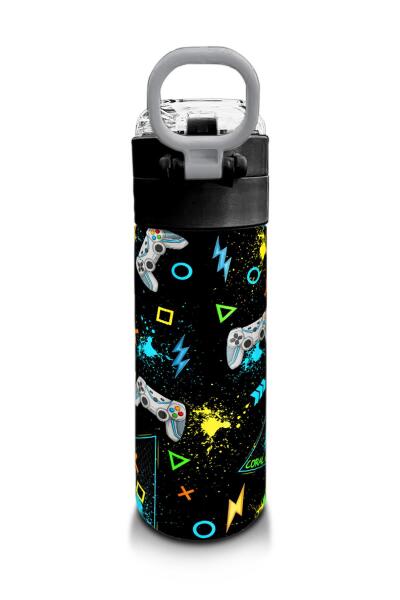 Coral High Kids Siyah Fosforlu Yeşil Gamer Desenli Pipetli ve Direkt İçim Çelik Termos 500 ml 31817 - 3