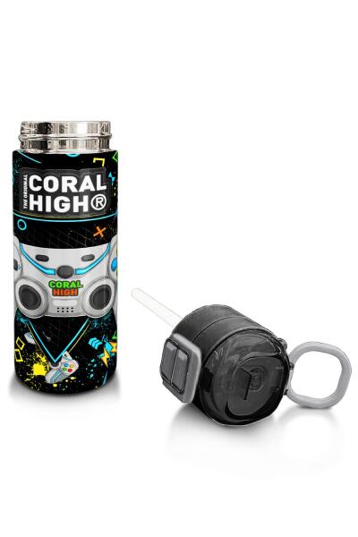 Coral High Kids Siyah Fosforlu Yeşil Gamer Desenli Pipetli ve Direkt İçim Çelik Termos 500 ml 31817 - 4
