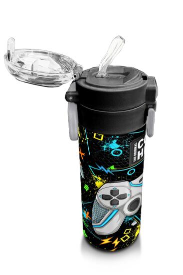 Coral High Kids Siyah Fosforlu Yeşil Gamer Desenli Pipetli ve Direkt İçim Çelik Termos 500 ml 31817 - 5