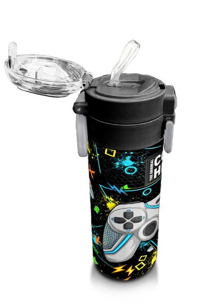 Coral High Kids Siyah Fosforlu Yeşil Gamer Desenli Pipetli ve Direkt İçim Çelik Termos 500 ml 31817 - 5